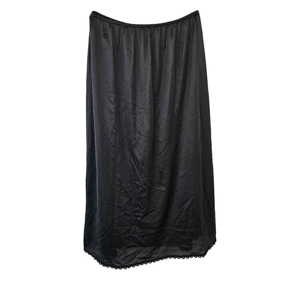 Adonna 100% Nylon Long Half Slip Womens XL Black Elastic Waist Lace Hem